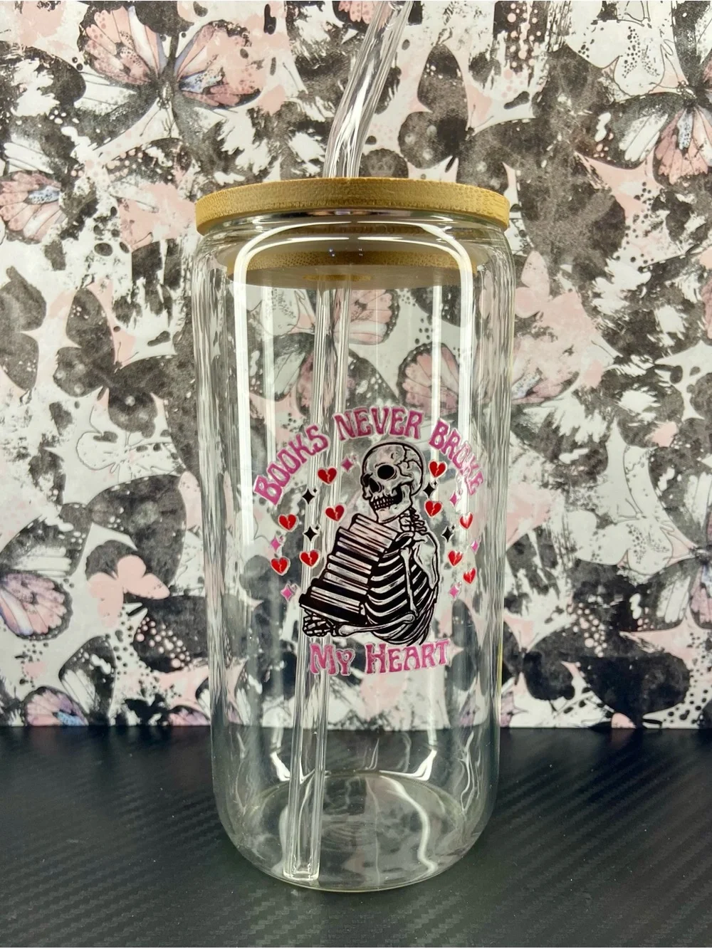 Glass Tumbler with Bamboo Lid and Pink Accent Skull Design
